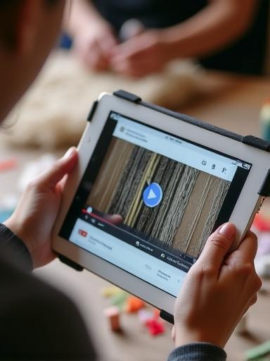 Personne regardant un tutoriel de tissage sur une tablette